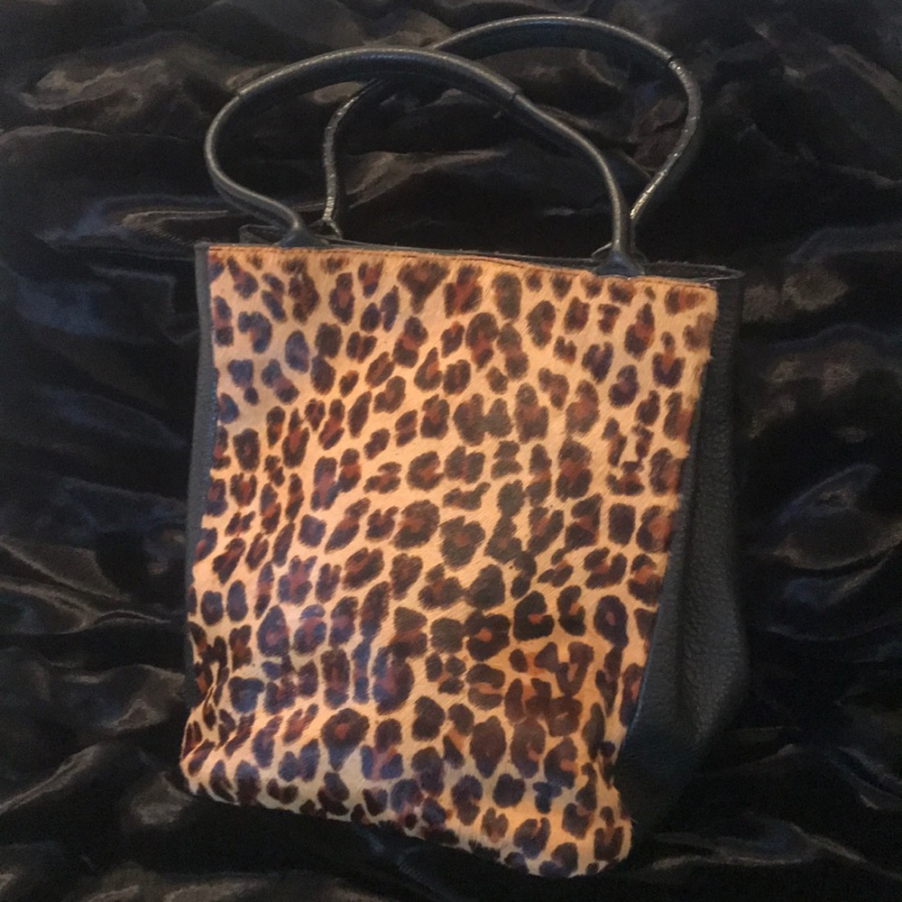 Leopard fur small tote bag.  Leather